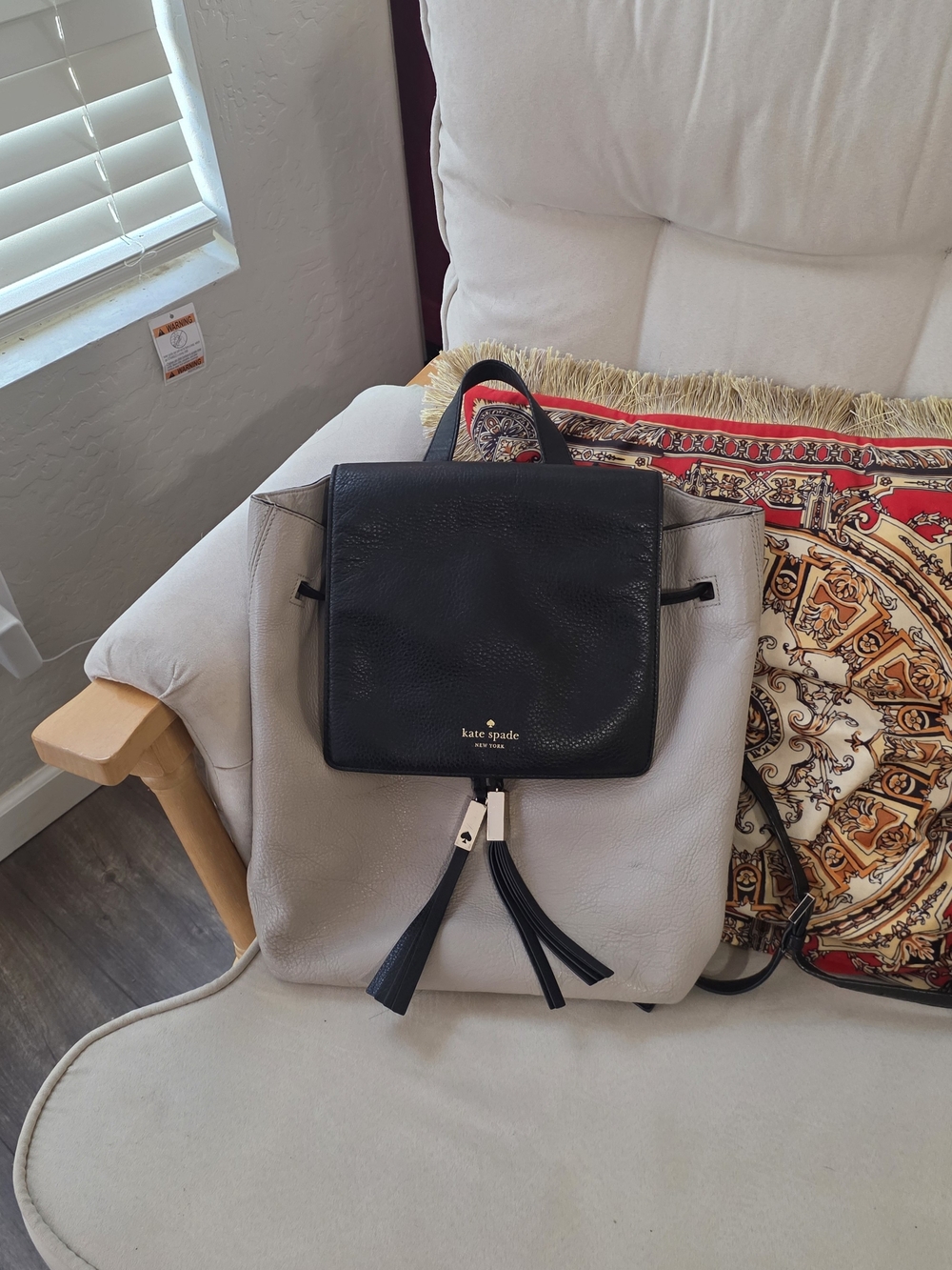 kate spade Two-Tone Black and Light Gray Leather Drawstring Backpack